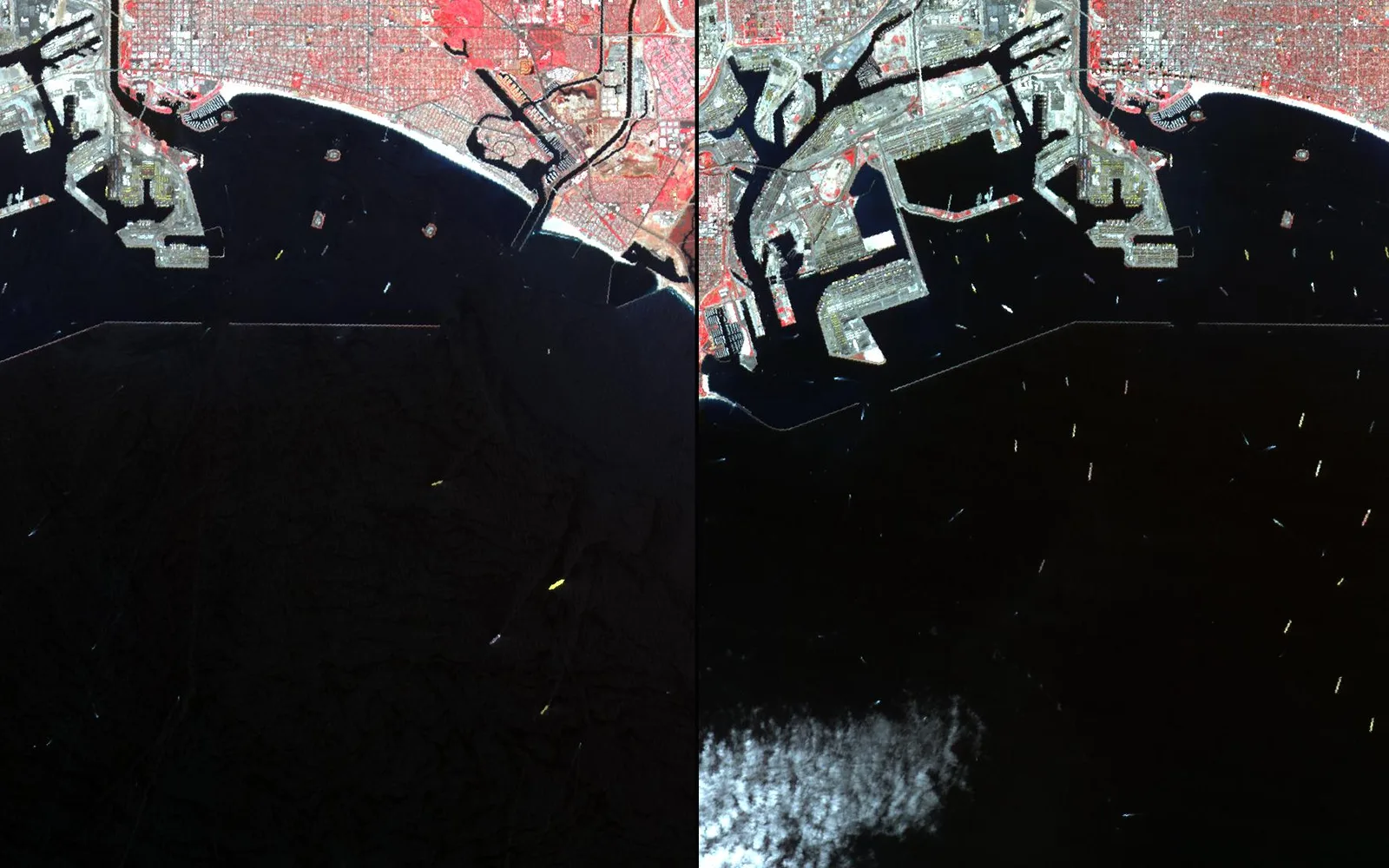 Satellite view of the combined ports of Los Angeles and Long Beach showing container terminals and shipping vessels